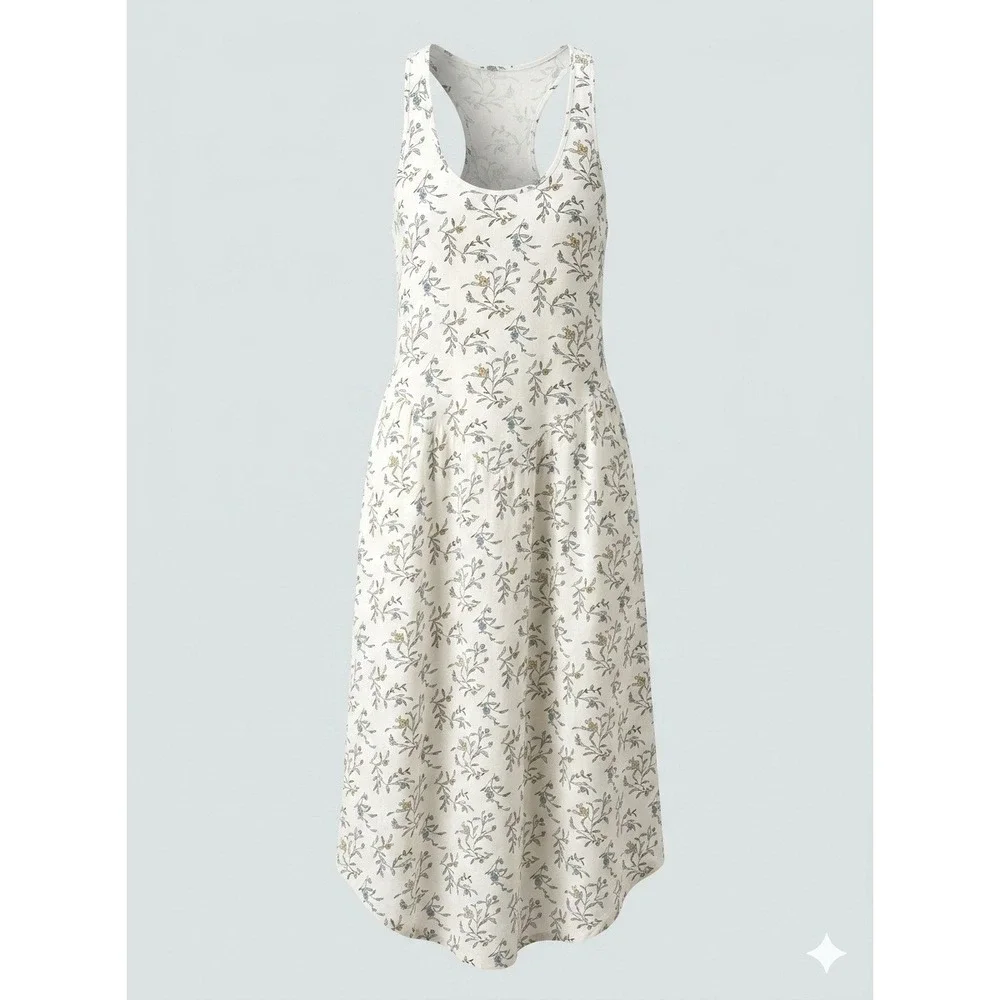 White Linen Blend Floral Racerback‎ Maxi Dress XS Tiered Flowy Garden Party Tea